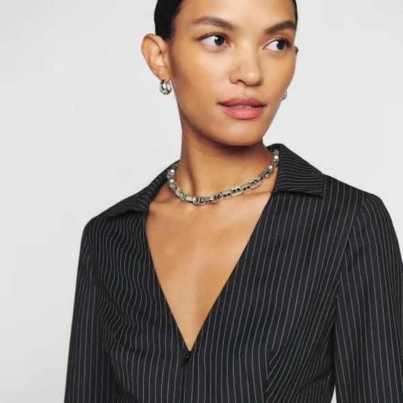 Reformation Bala Top Stripe Long Sleeve Collared Open Neckline Front Zip… - Picture 4 of 6